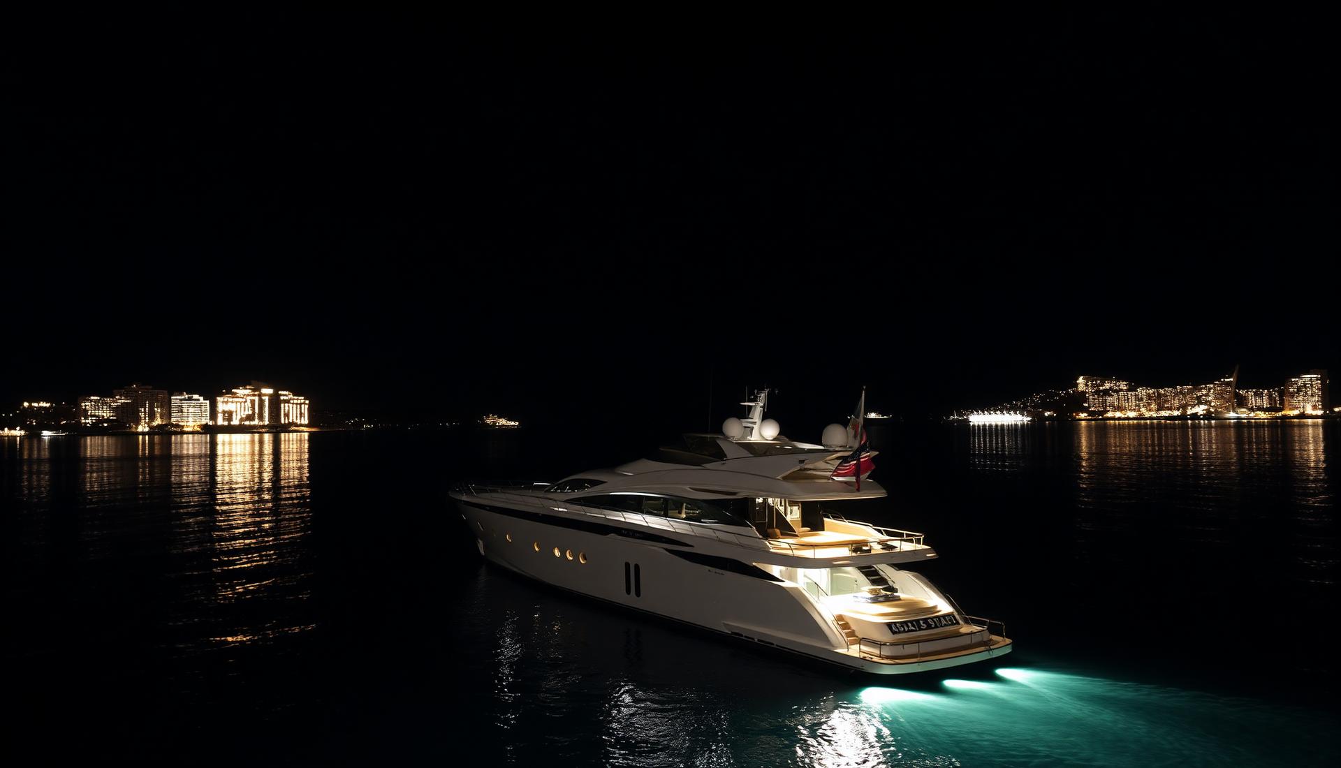 Yacht illuminated at night near Monaco